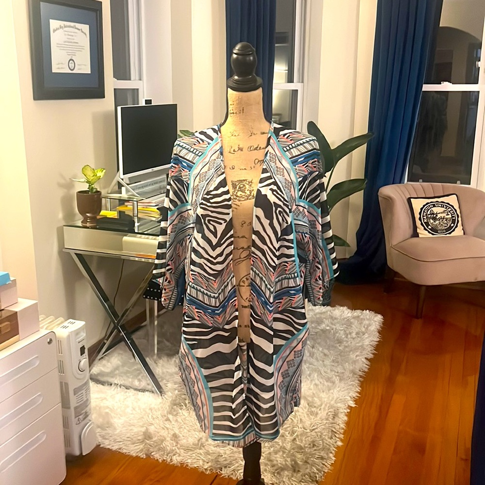 Express Zebra Print Kimono Top - Black, White, Blue